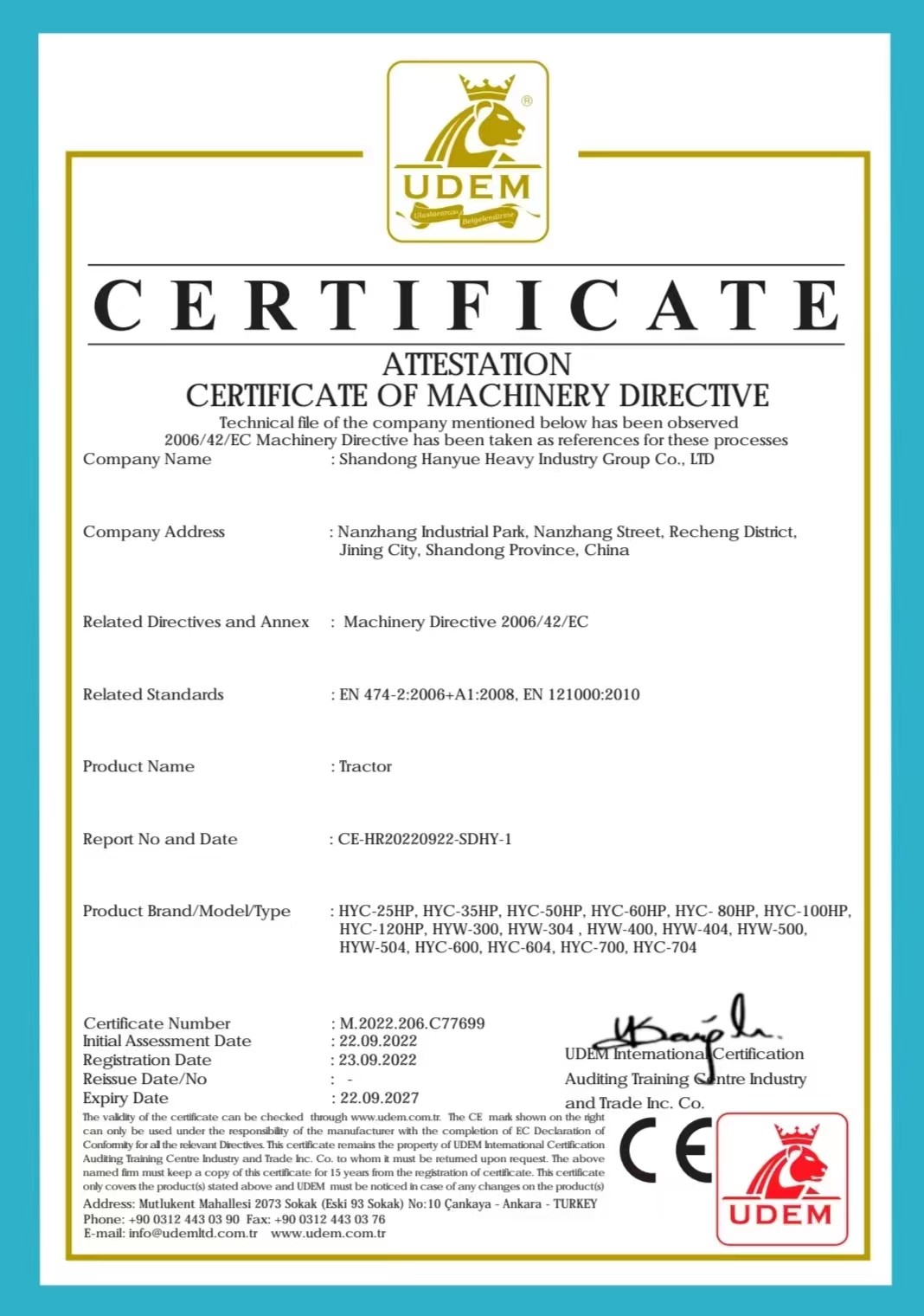 China Shandong Hanyue Heavy Industry Group Co., Ltd. Certificaten