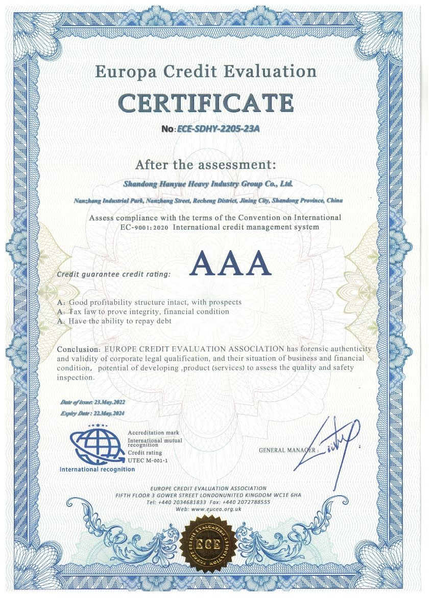 China Shandong Hanyue Heavy Industry Group Co., Ltd. Certificaten